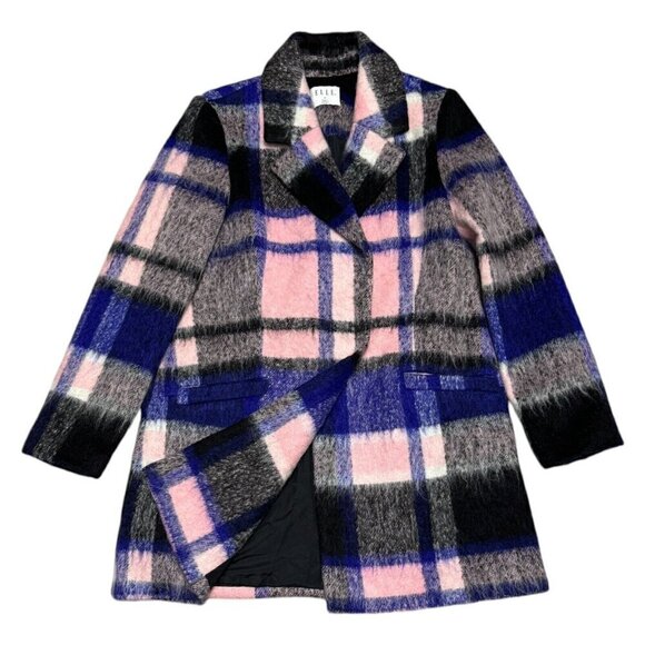ELLE Aubry Plaid WOOL Faux Mohair Luxury Designer Pink Winter Glam Coat Size 4 - Picture 1 of 5